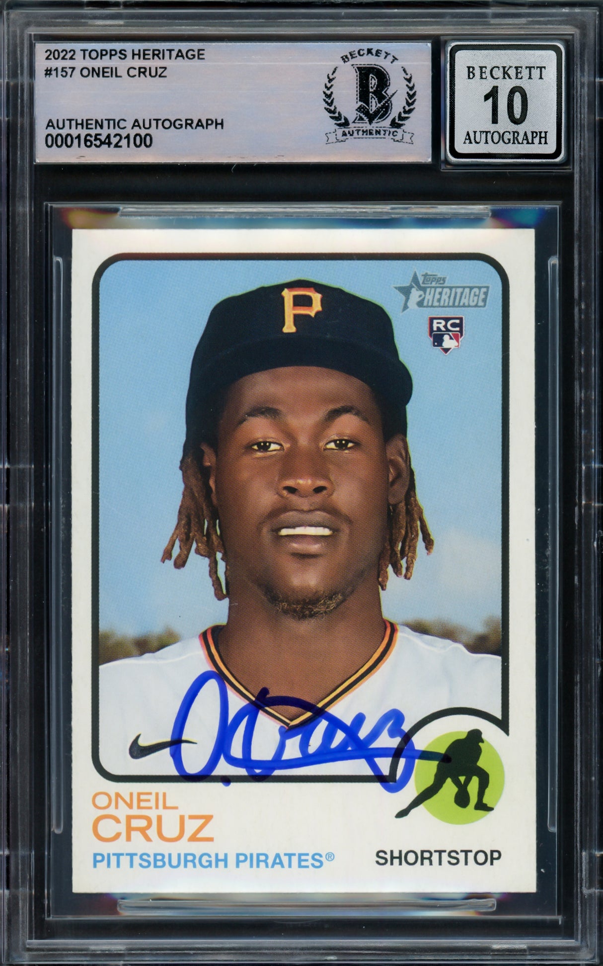 Oneil Cruz Autographed 2022 Topps Heritage Rookie Card #157 Pittsburgh Pirates Auto Grade Gem Mint 10 Beckett BAS #16542100