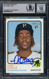 Oneil Cruz Autographed 2022 Topps Heritage Rookie Card #157 Pittsburgh Pirates Auto Grade Gem Mint 10 Beckett BAS #16542100