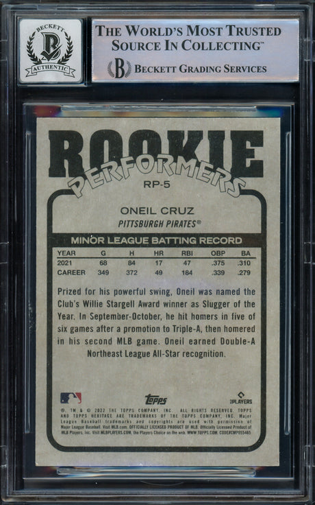 Oneil Cruz Autographed 2022 Topps Heritage Rookie Performers Rookie Card #RP5 Pittsburgh Pirates Auto Grade Gem Mint 10 Beckett BAS #16542101