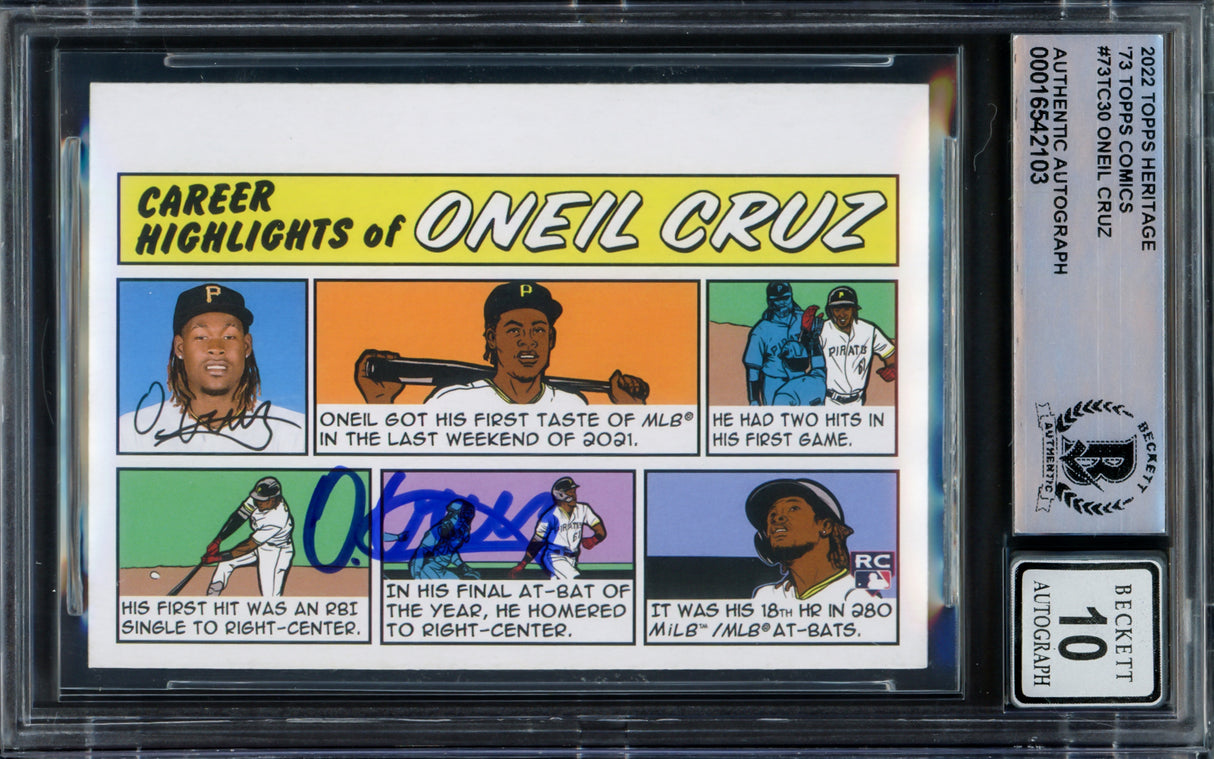 Oneil Cruz Autographed 2022 Topps Heritage Comic Rookie Card #73TC30 Pittsburgh Pirates Auto Grade Gem Mint 10 Beckett BAS #16542103