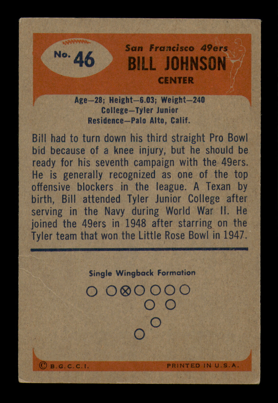 Bill Johnson Autographed 1955 Bowman Card #46 San Francisco 49ers SKU #231130