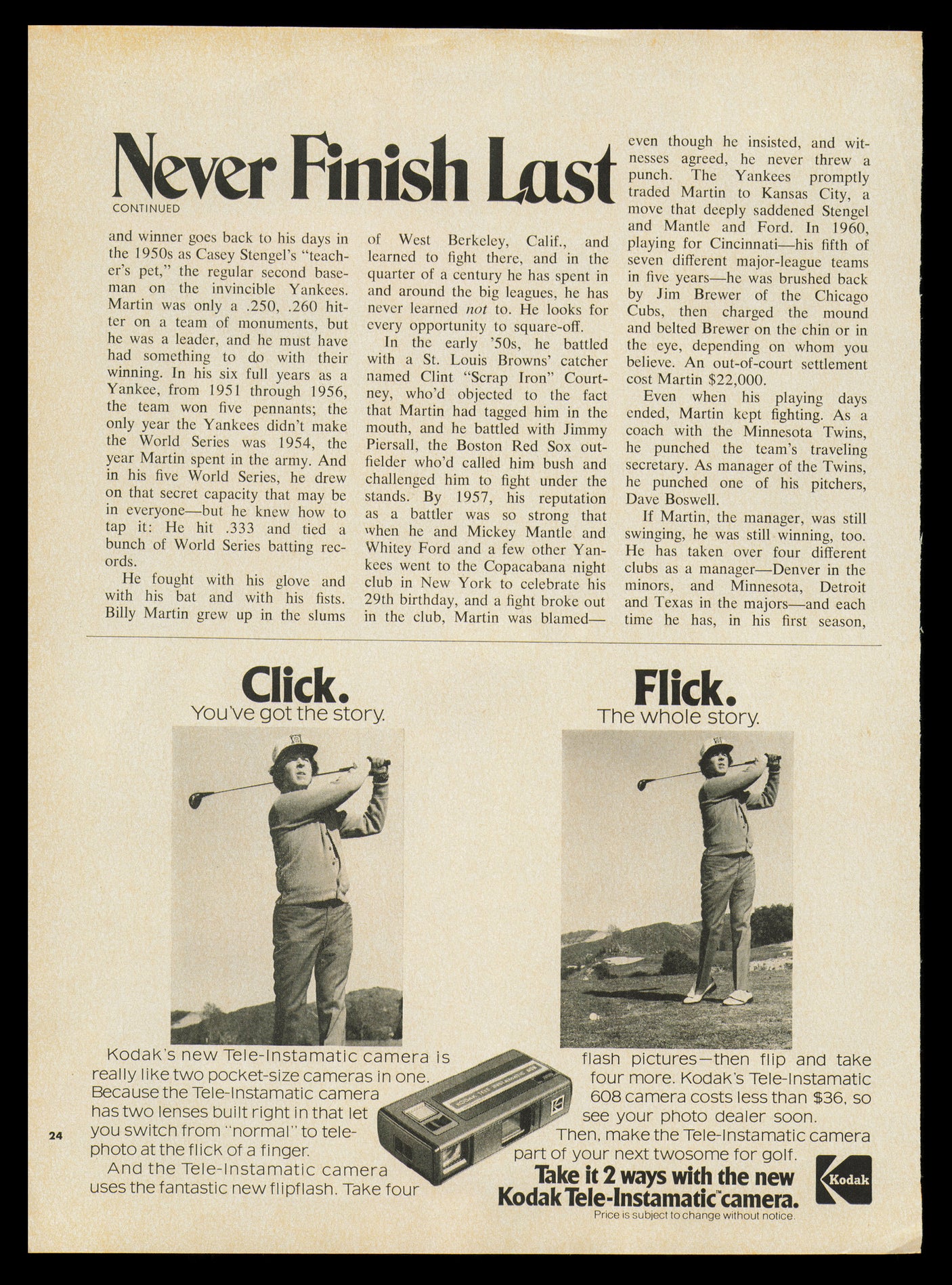 Billy Martin Autographed 8.5x11.5 Magazine Page Photo Texas Rangers Beckett BAS #AD43466