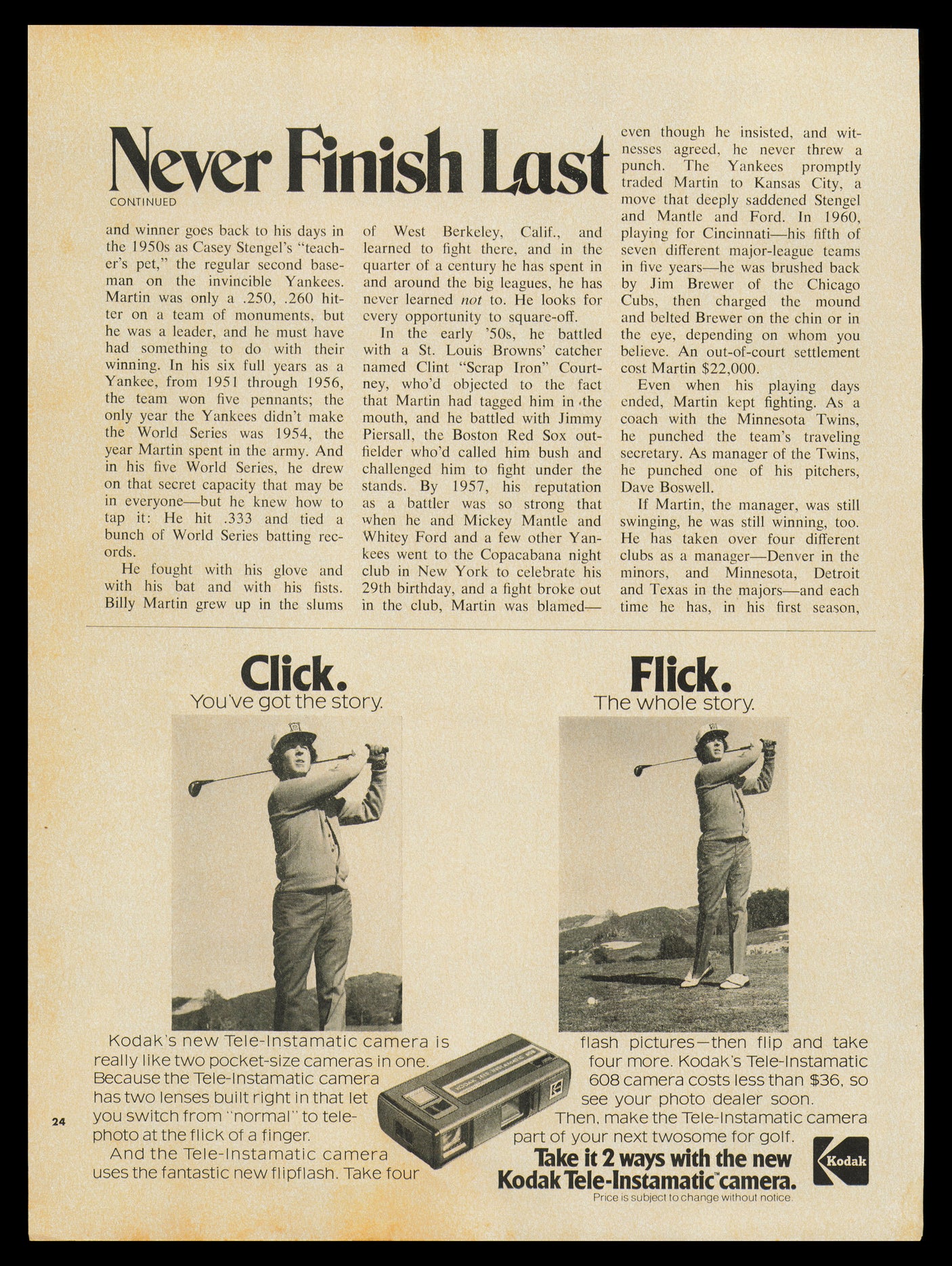 Billy Martin Autographed 8.5x11.5 Magazine Page Photo Texas Rangers Beckett BAS #AD43470