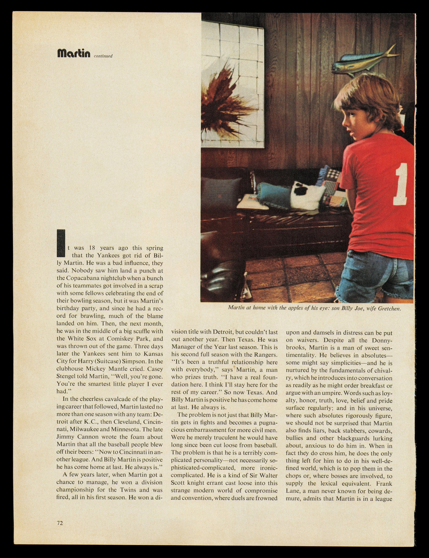 Billy Martin Autographed 8.5x11.5 Magazine Page Photo Texas Rangers Beckett BAS #AD43471