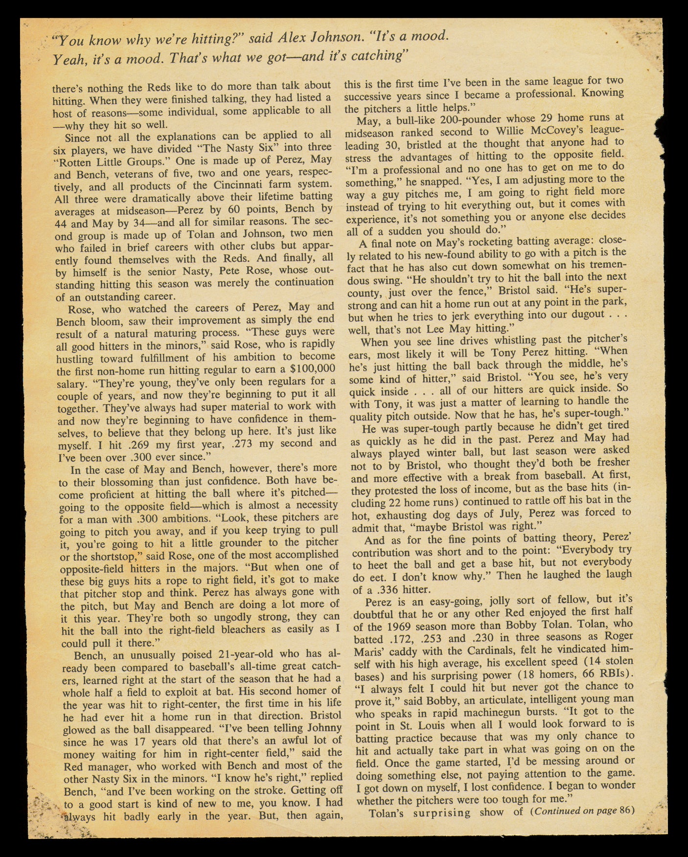 Johnny Bench, Pete Rose, Tony Perez, Lee May, Bobby Tolan & Alex Johnson Autographed 8x10 Magazine Page Photo Cincinnati Reds Vintage Signature Beckett BAS #AD43457