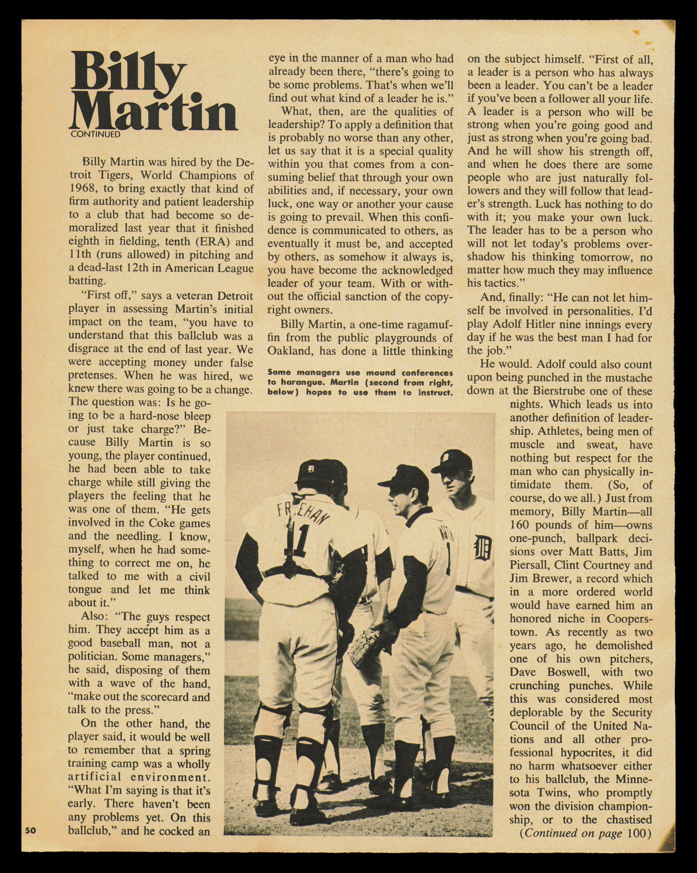 Billy Martin Autographed 7.5x9.5 Magazine Page Photo Detroit Tigers Beckett BAS #AD43454