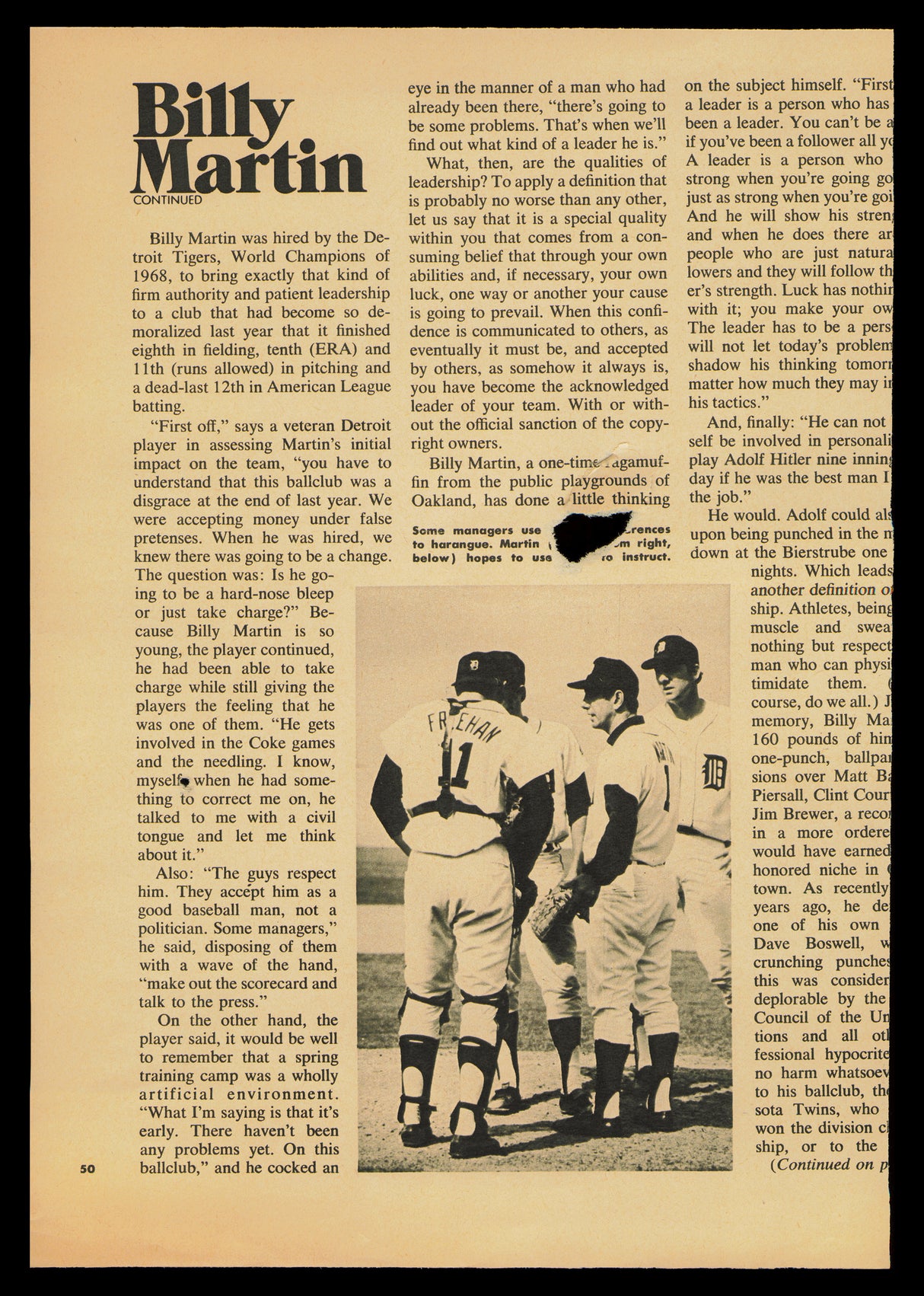 Billy Martin Autographed 7x10 Magazine Page Photo Detroit Tigers (Tear) Beckett BAS #AD43455