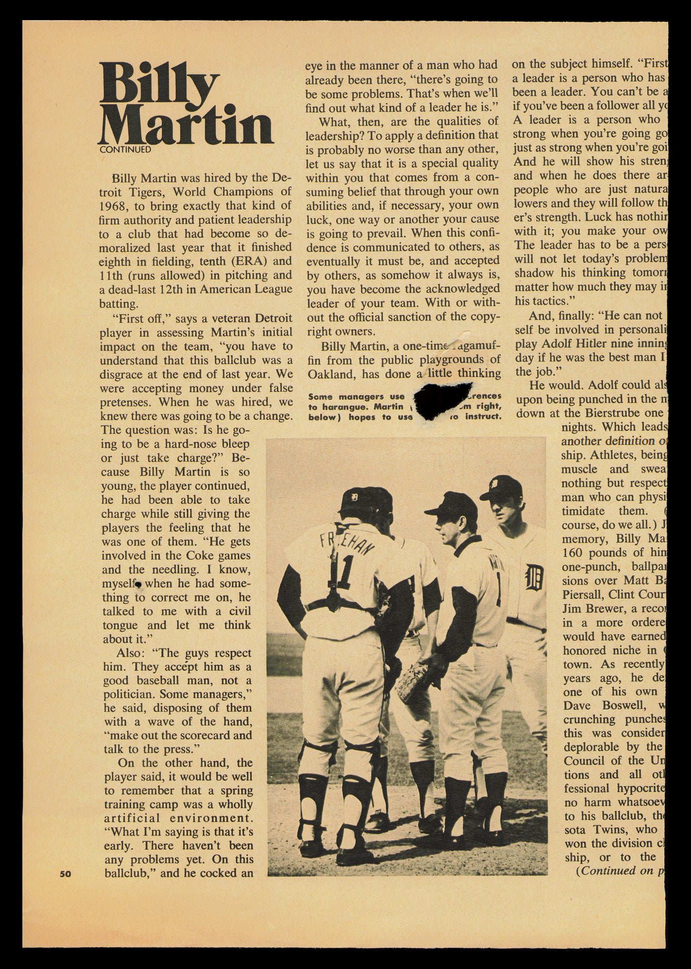 Billy Martin Autographed 7x10 Magazine Page Photo Detroit Tigers (Tear) Beckett BAS #AD43455