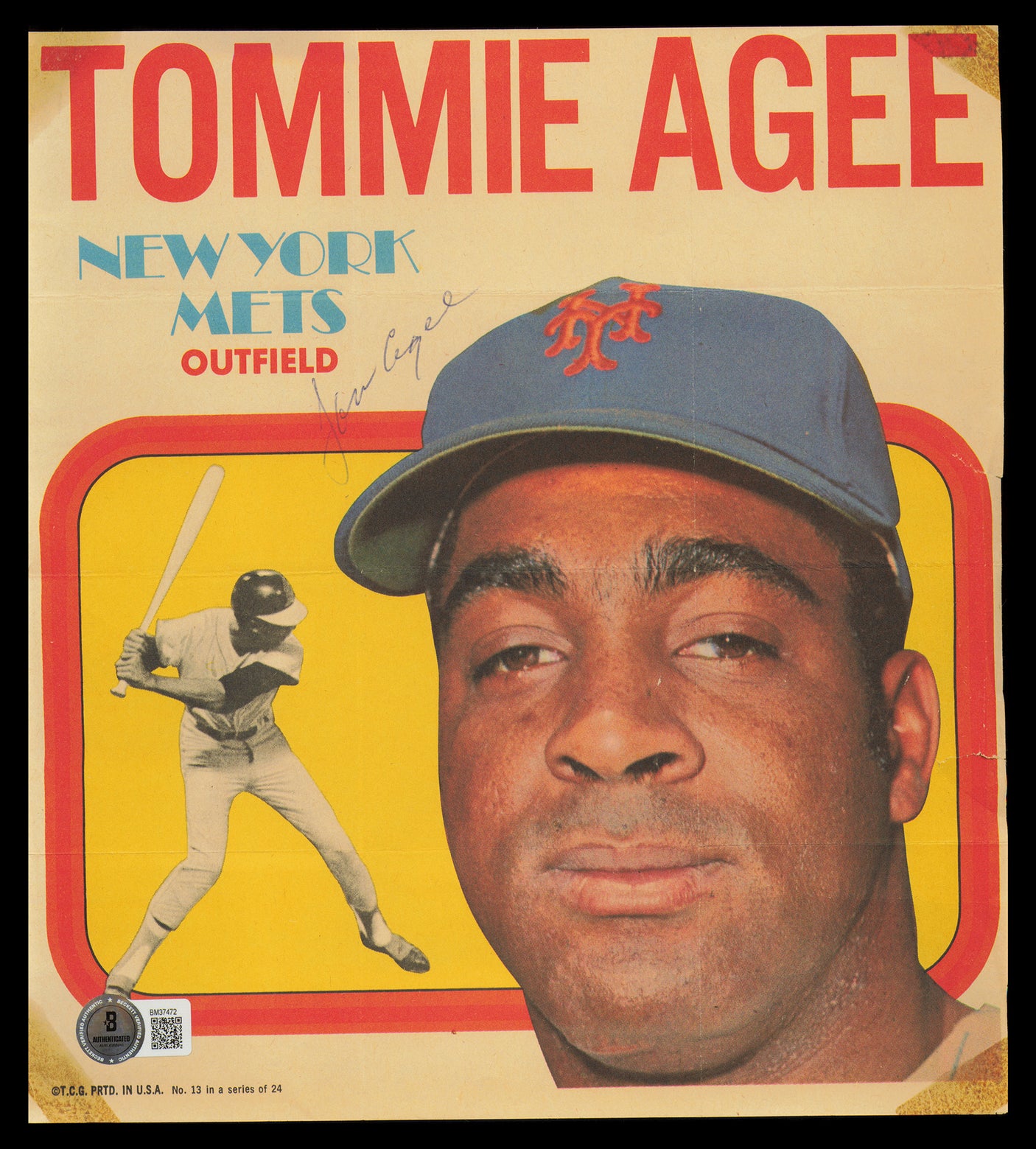 Tommie Agee Autographed 1970 Topps Poster New York Mets #13 Beckett BAS QR #BM37472