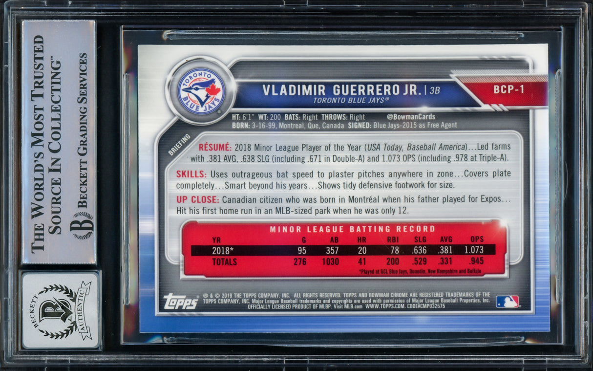 Vladimir Guerrero Jr. Autographed 2019 Bowman Chrome Card #BCP1 Toronto Blue Jays Auto Grade Gem Mint 10 Beckett BAS Stock #216644
