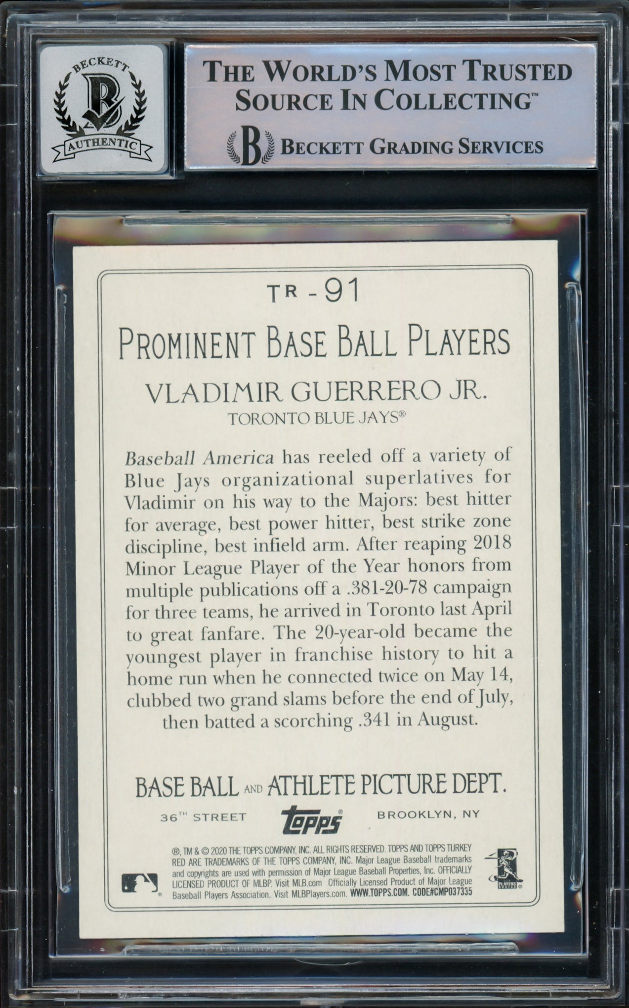 Vladimir Guerrero Jr. Autographed 2020 Topps Turkey Red Card #91 Toronto Blue Jays Auto Grade Gem Mint 10 Beckett BAS Stock #216647
