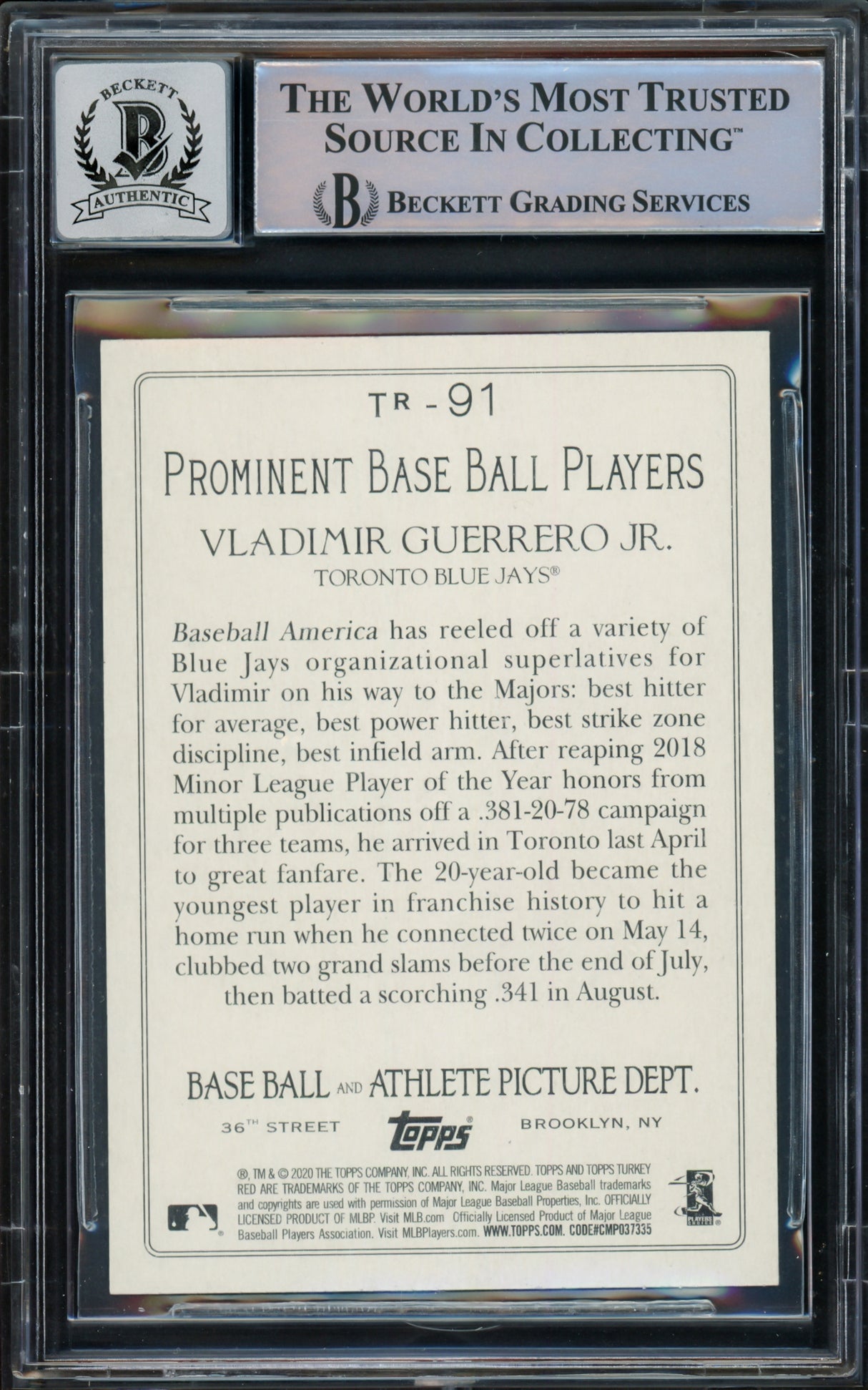Vladimir Guerrero Jr. Autographed 2020 Topps Turkey Red Card #91 Toronto Blue Jays Auto Grade Gem Mint 10 Beckett BAS Stock #216647