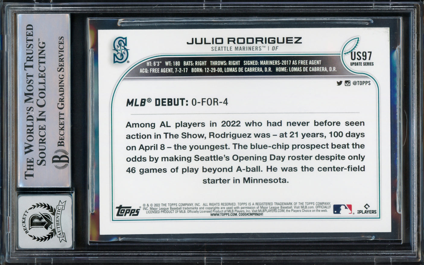 Julio Rodriguez Autographed 2022 Topps Update Rookie Card #US97 Seattle Mariners Auto Grade Gem Mint 10 Beckett BAS Stock #216655