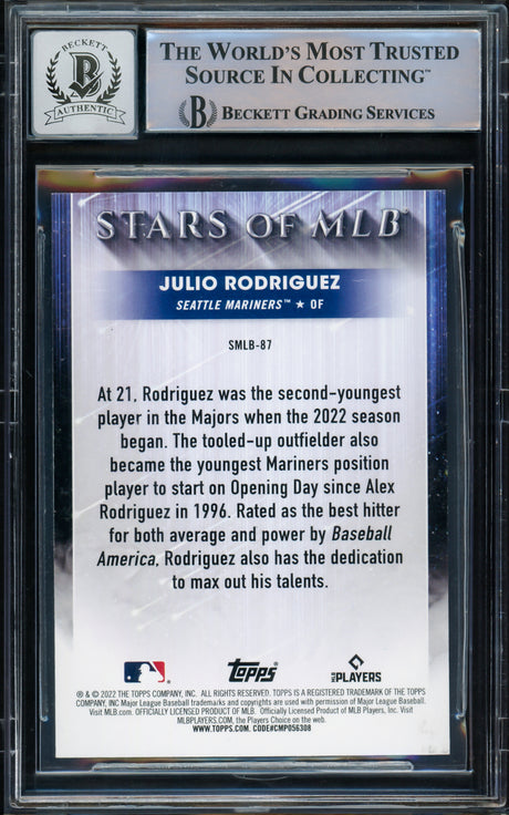 Julio Rodriguez Autographed 2022 Topps Stars of MLB Rookie Card #SMLB-87 Seattle Mariners Auto Grade Gem Mint 10 Beckett BAS Stock #216656