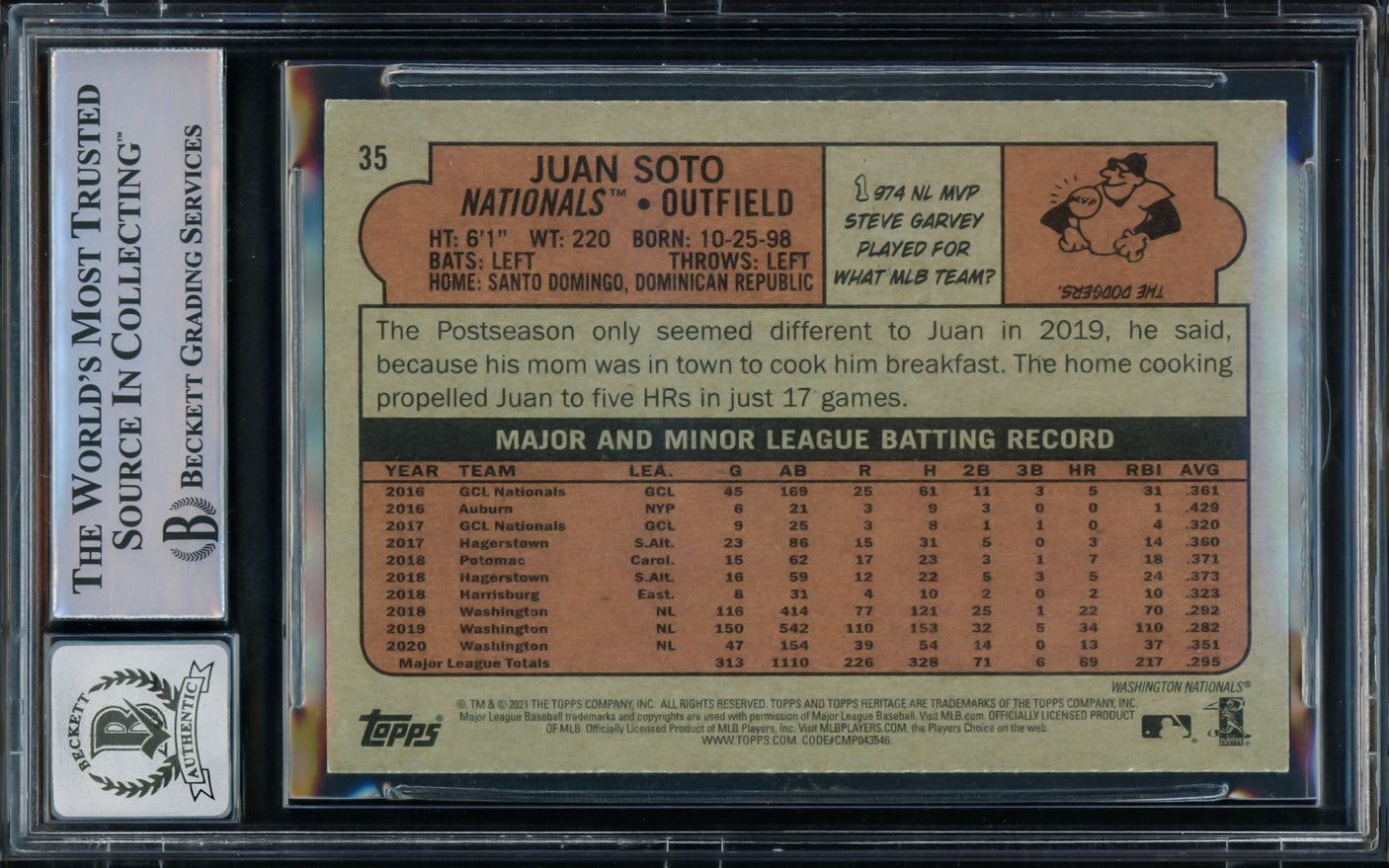 Juan Soto Autographed 2021 Topps Heritage Card #35 New York Yankees Auto Grade Gem Mint 10 Beckett BAS Stock #216660