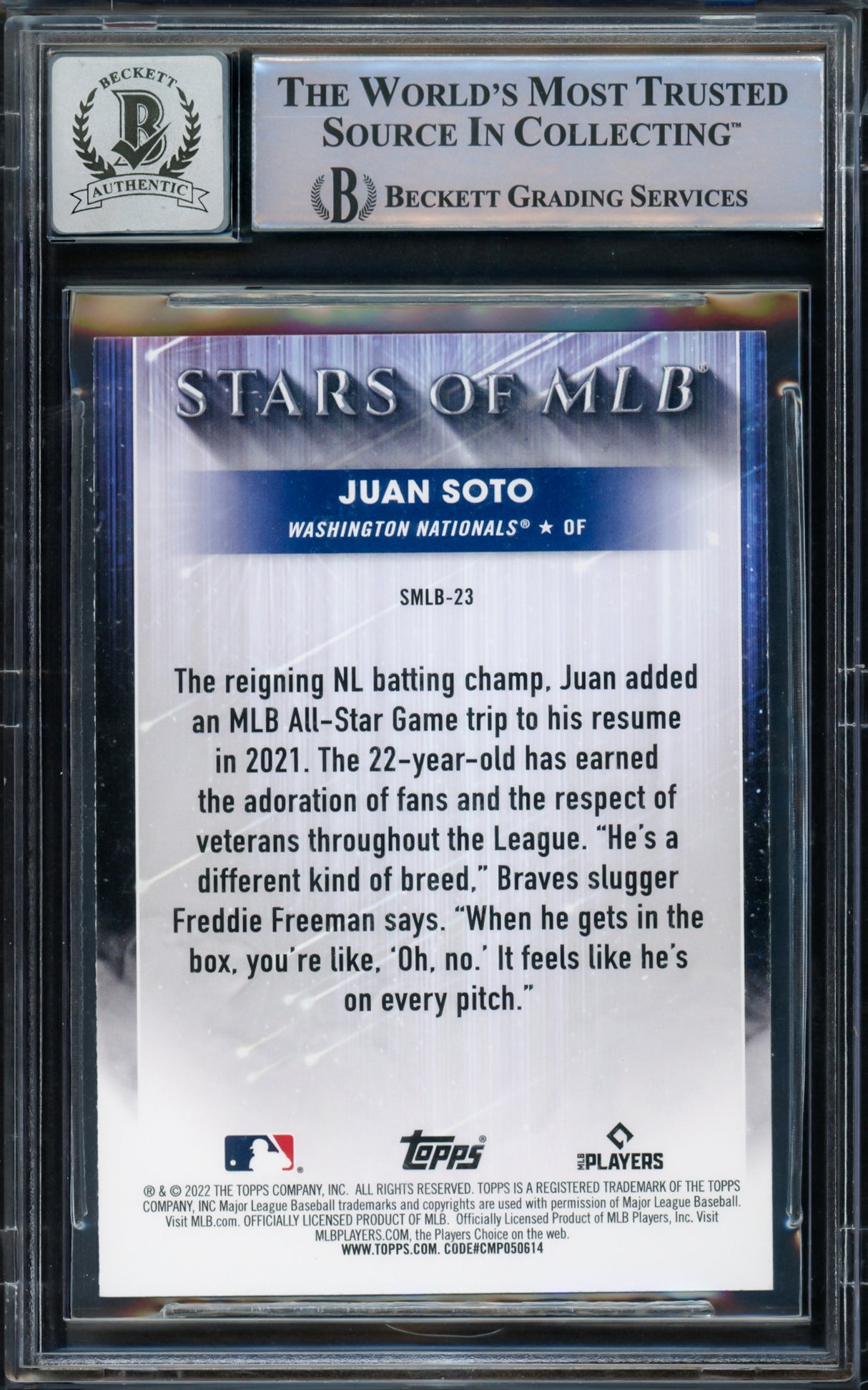 Juan Soto Autographed 2022 Topps Stars of MLB Card #SMLB-23 New York Mets Auto Grade Gem Mint 10 Beckett BAS Stock #216661
