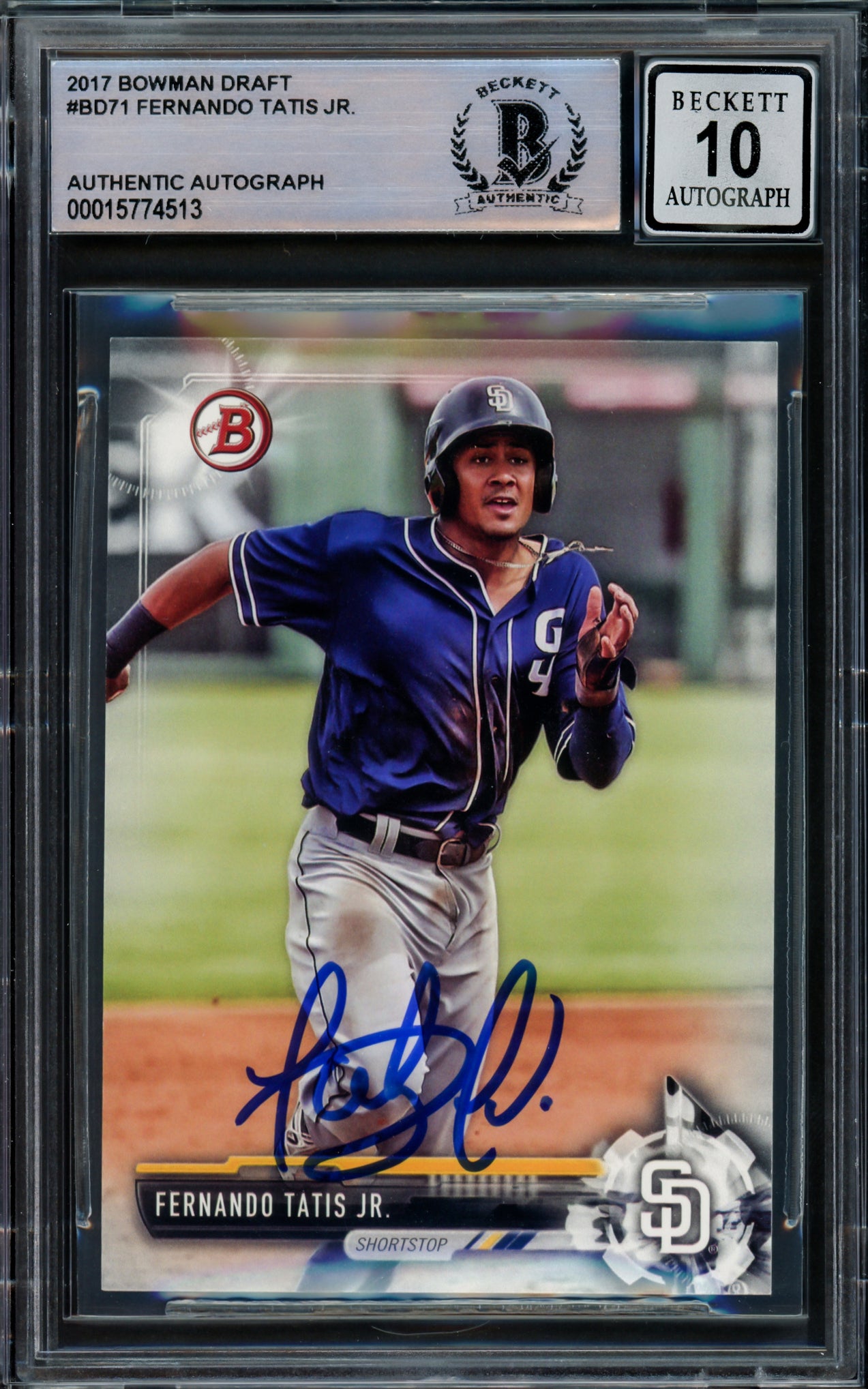 Fernando Tatis Jr. Autographed 2017 Bowman Draft Card #BD71 San Diego Padres Auto Grade Gem Mint 10 Beckett BAS Stock #216663