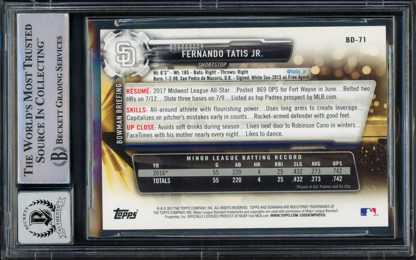 Fernando Tatis Jr. Autographed 2017 Bowman Draft Card #BD71 San Diego Padres Auto Grade Gem Mint 10 Beckett BAS Stock #216663
