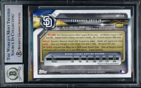 Fernando Tatis Jr. Autographed 2018 Bowman Card #BP114 San Diego Padres Auto Grade Gem Mint 10 Beckett BAS Stock #216664