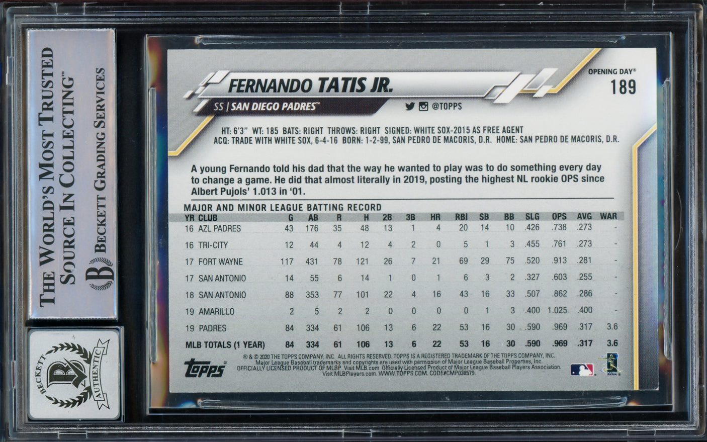 Fernando Tatis Jr. Autographed 2020 Topps Opening Day Card #189 San Diego Padres Auto Grade Gem Mint 10 Beckett BAS Stock #216666