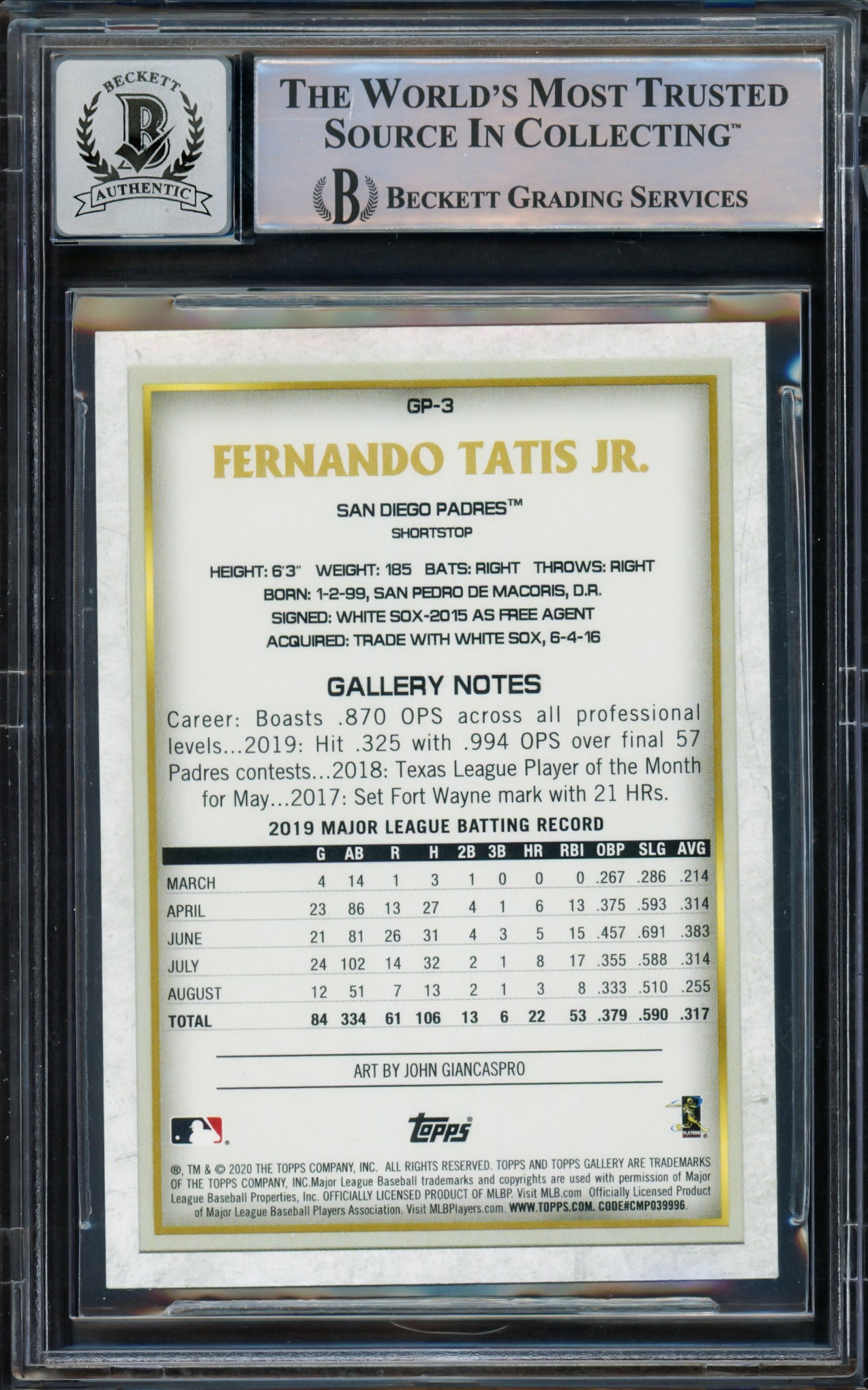 Fernando Tatis Jr. Autographed 2020 Topps Gallery National BB Card Day Card #GP-3 San Diego Padres Auto Grade Gem Mint 10 Beckett BAS Stock #216667