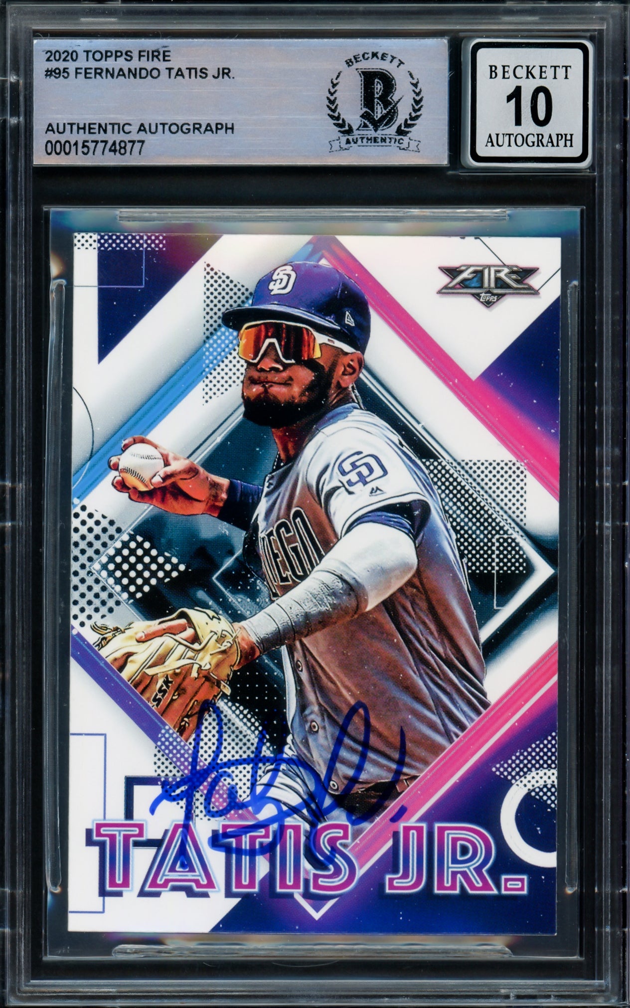 Fernando Tatis Jr. Autographed 2020 Topps Fire Card #95 San Diego Padres Auto Grade Gem Mint 10 Beckett BAS Stock #216668