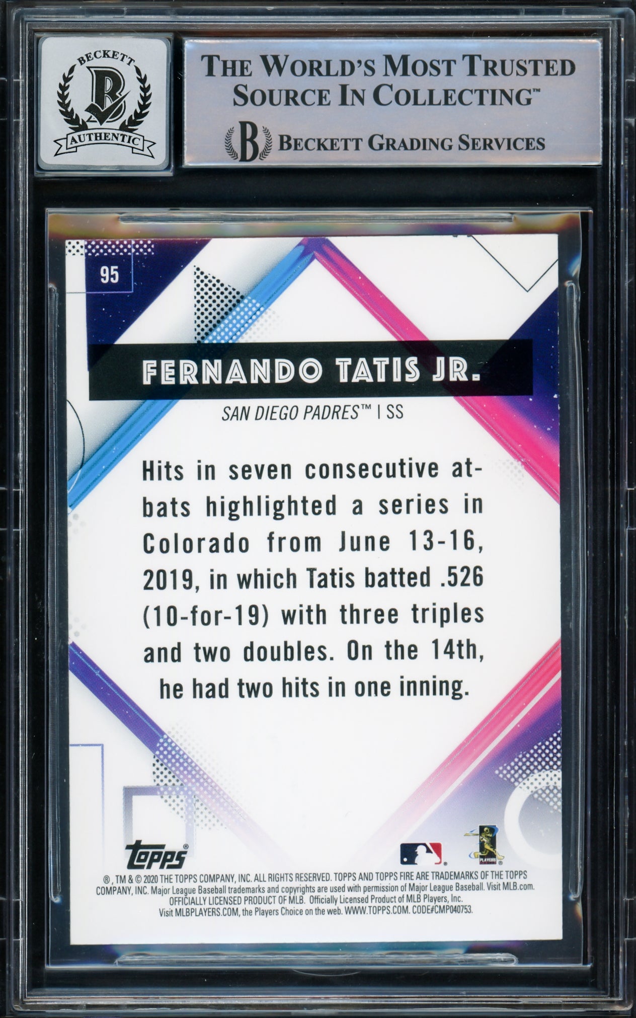 Fernando Tatis Jr. Autographed 2020 Topps Fire Card #95 San Diego Padres Auto Grade Gem Mint 10 Beckett BAS Stock #216668