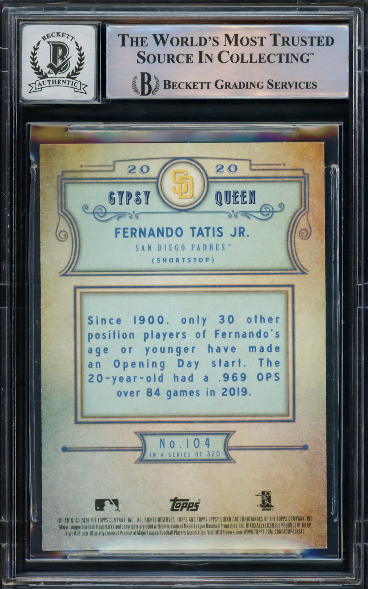 Fernando Tatis Jr. Autographed 2020 Topps Gypsy Queen Card #104 San Diego Padres Auto Grade Gem Mint 10 Beckett BAS Stock #216669