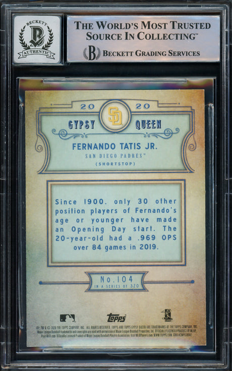 Fernando Tatis Jr. Autographed 2020 Topps Gypsy Queen Card #104 San Diego Padres Auto Grade Gem Mint 10 Beckett BAS Stock #216669