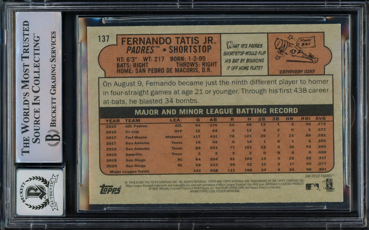 Fernando Tatis Jr. Autographed 2021 Topps Heritage Card #137 San Diego Padres Auto Grade Gem Mint 10 Beckett BAS Stock #216675