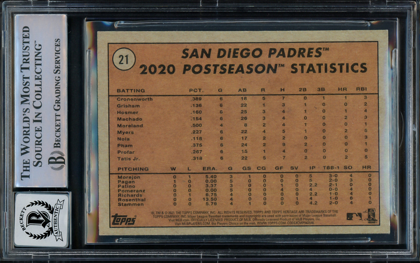 Fernando Tatis Jr. Autographed 2021 Topps Heritage Card #21 San Diego Padres Auto Grade Gem Mint 10 Beckett BAS Stock #216676