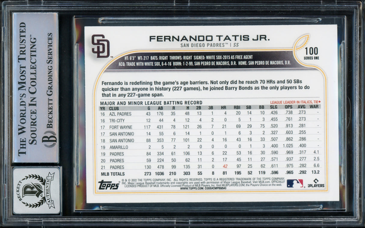 Fernando Tatis Jr. Autographed 2022 Topps Card #100 San Diego Padres Auto Grade Gem Mint 10 Beckett BAS Stock #216680