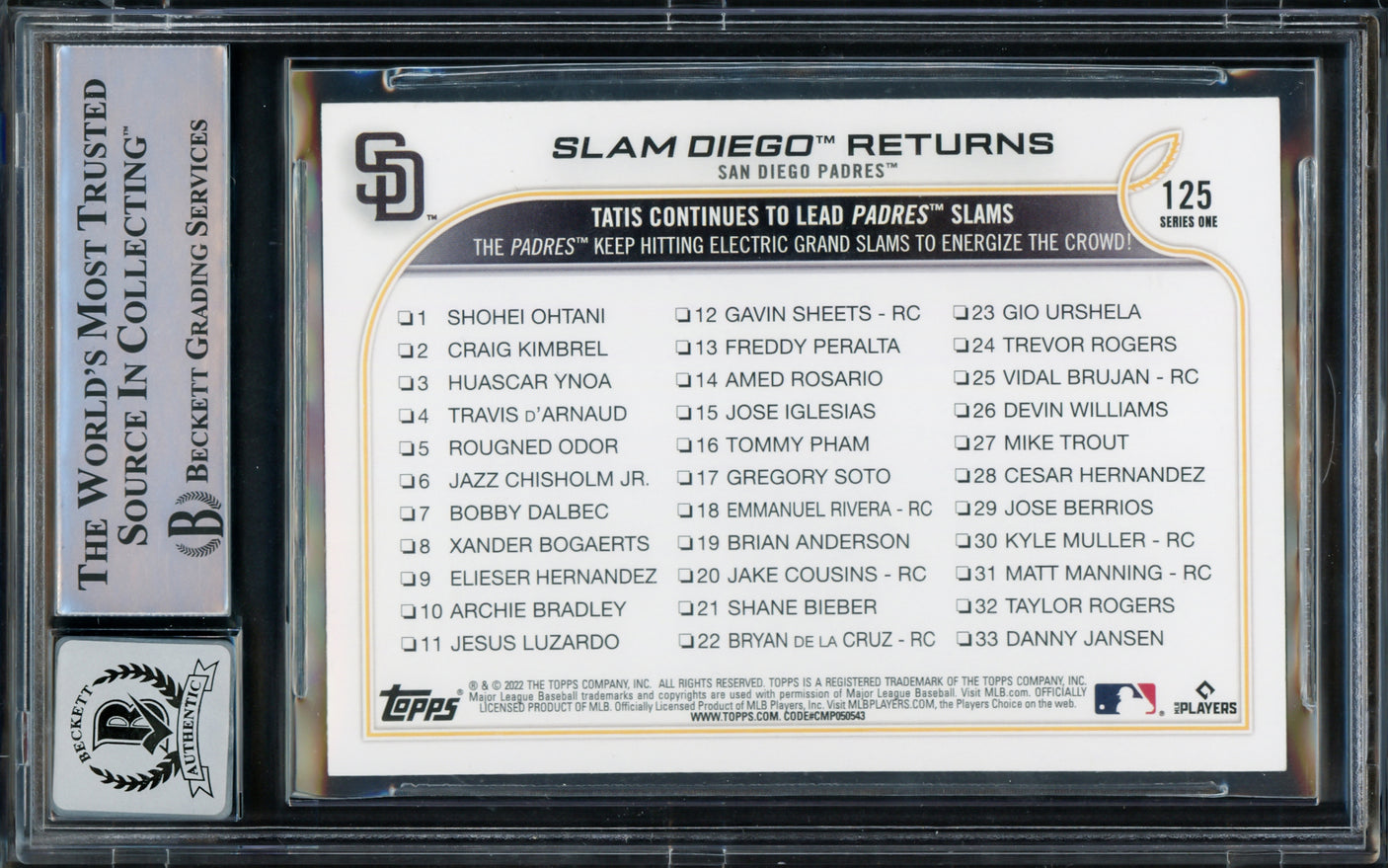 Fernando Tatis Jr. Autographed 2022 Topps Card #125 San Diego Padres Auto Grade Gem Mint 10 Beckett BAS Stock #216681