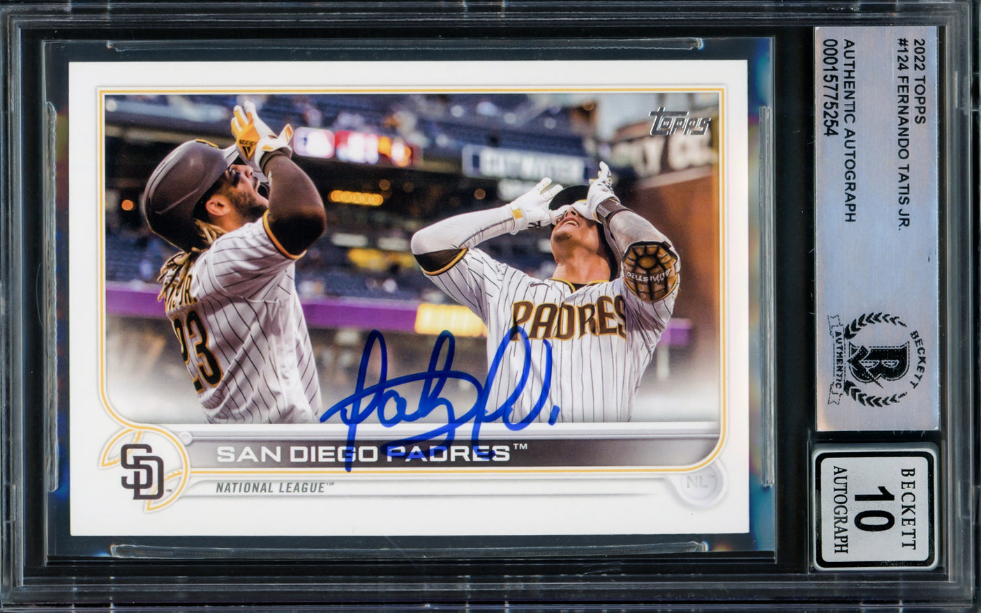 Fernando Tatis Jr. Autographed 2022 Topps Card #124 San Diego Padres Auto Grade Gem Mint 10 Beckett BAS Stock #216682