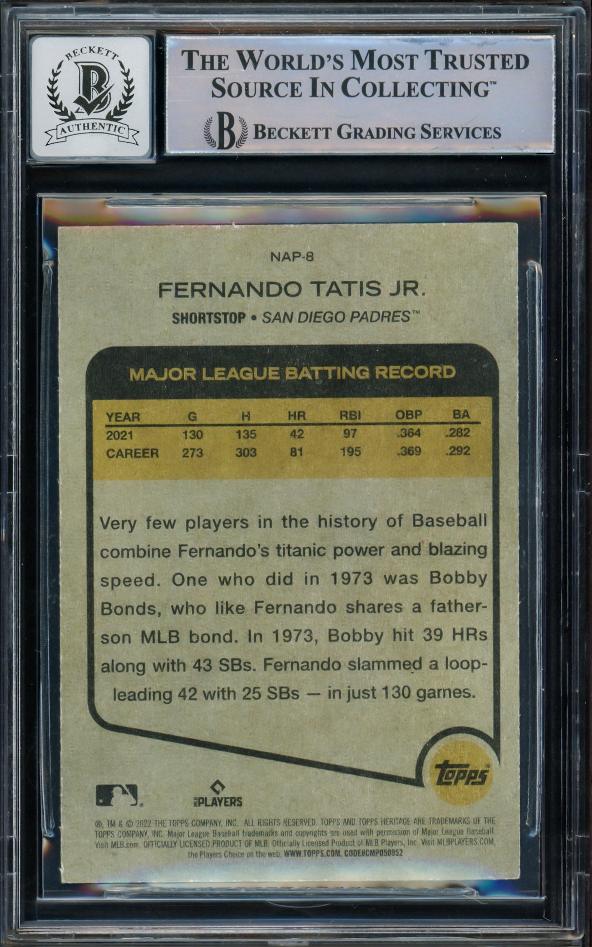 Fernando Tatis Jr. Autographed 2022 Topps Heritage New Age Performers Card #NAP-8 San Diego Padres Auto Grade Gem Mint 10 Beckett BAS Stock #216684