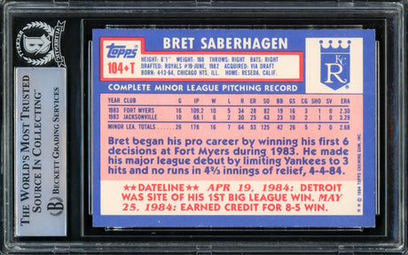 Bret Saberhagen Autographed 1984 Topps Traded Rookie Card #104T Kansas City Royals "85 & 89 AL CY" Beckett BAS Stock #216700