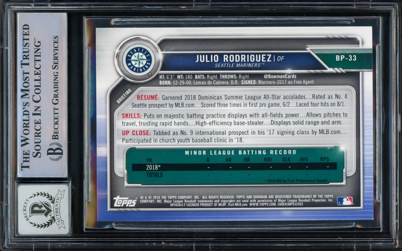 Julio Rodriguez Autographed 2019 1st Bowman Prospects Rookie Card #BP-33 Seattle Mariners Auto Grade Gem Mint 10 Beckett BAS Stock #216707