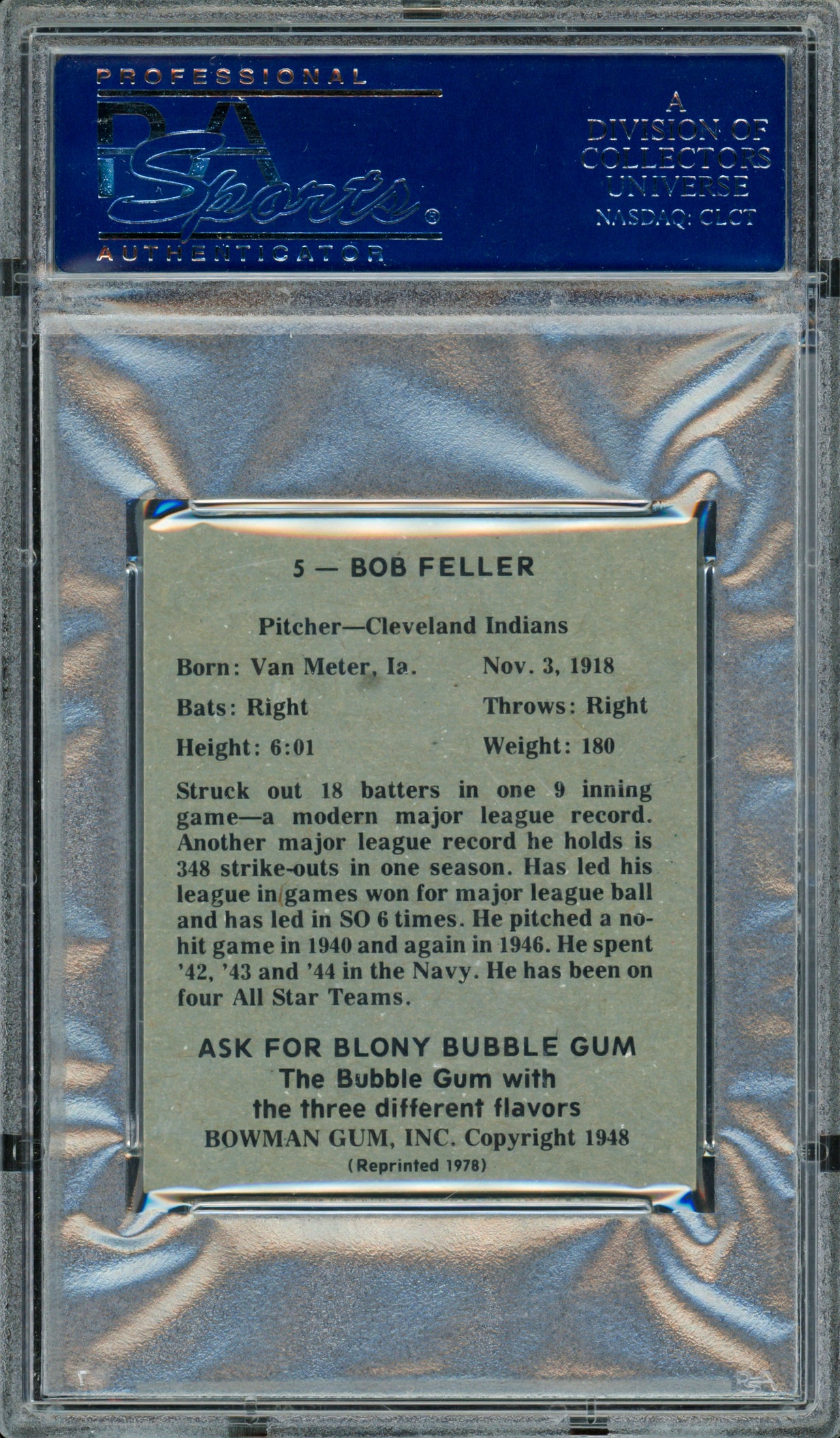 Bob Feller Autographed 1978 Reprint 1948 Bowman Card #5 Cleveland Indians PSA/DNA #83527291
