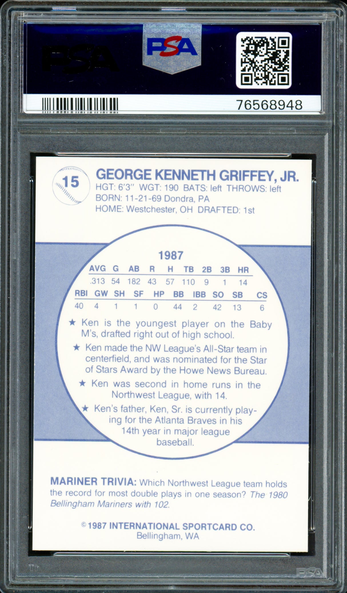 Ken Griffey Jr. Autographed 1987 Team Issue Rookie Card #15 Bellingham Mariners PSA 9 Auto Grade Gem Mint 10 PSA/DNA #76568948