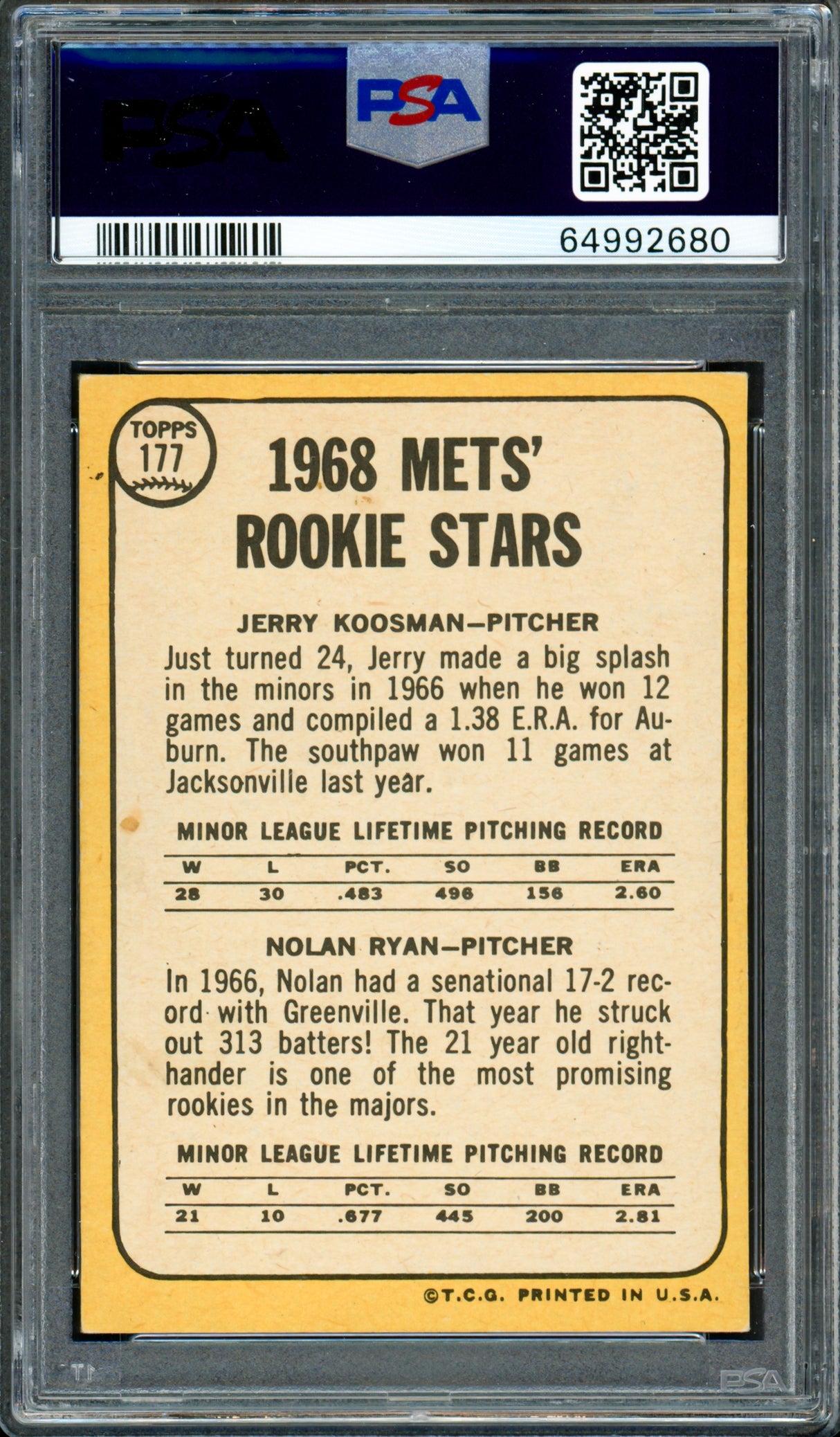 Nolan Ryan Autographed 1968 Topps Rookie Card #177 New York Mets PSA 5 Auto Grade Gem Mint 10 PSA/DNA #64992680