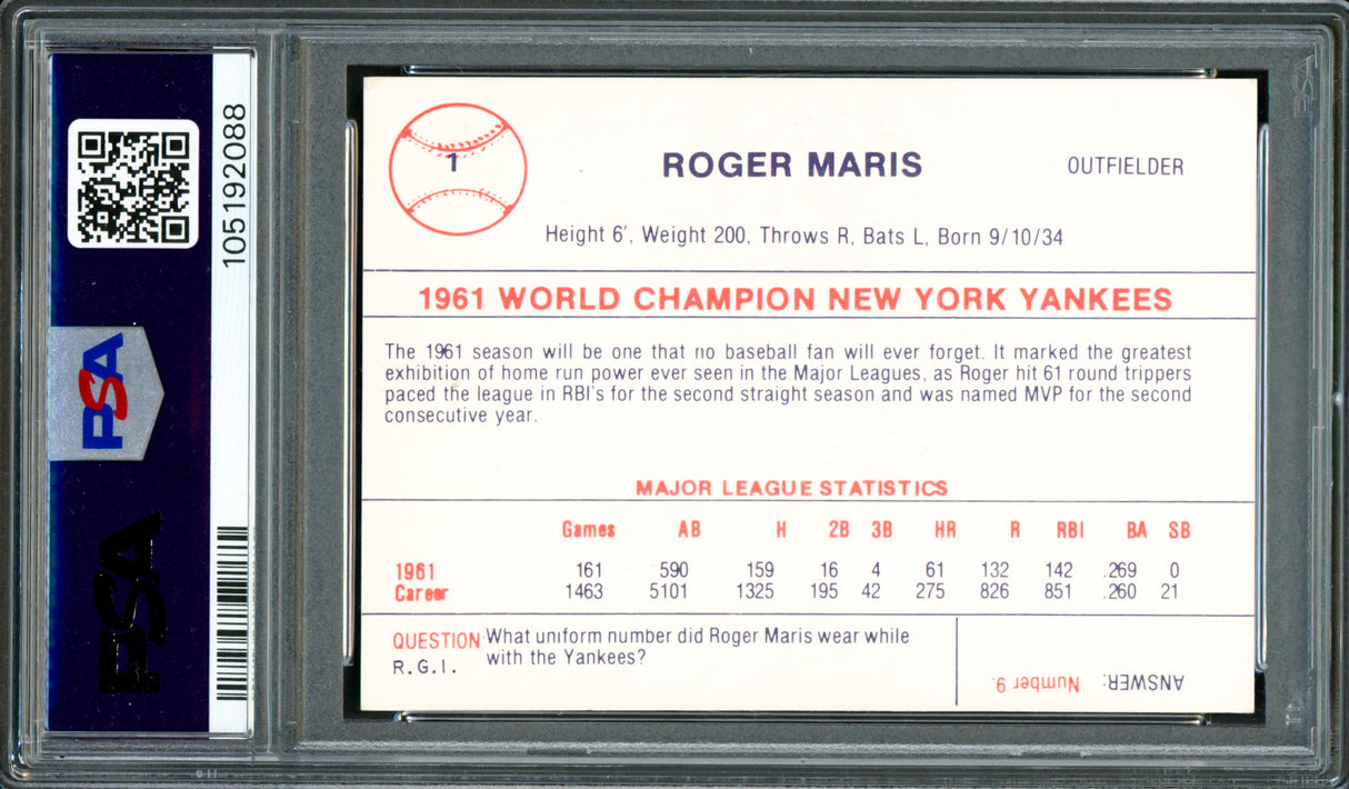 Roger Maris Autographed 1982 Renata Galasso Card #1 New York Yankees PSA/DNA #105192088