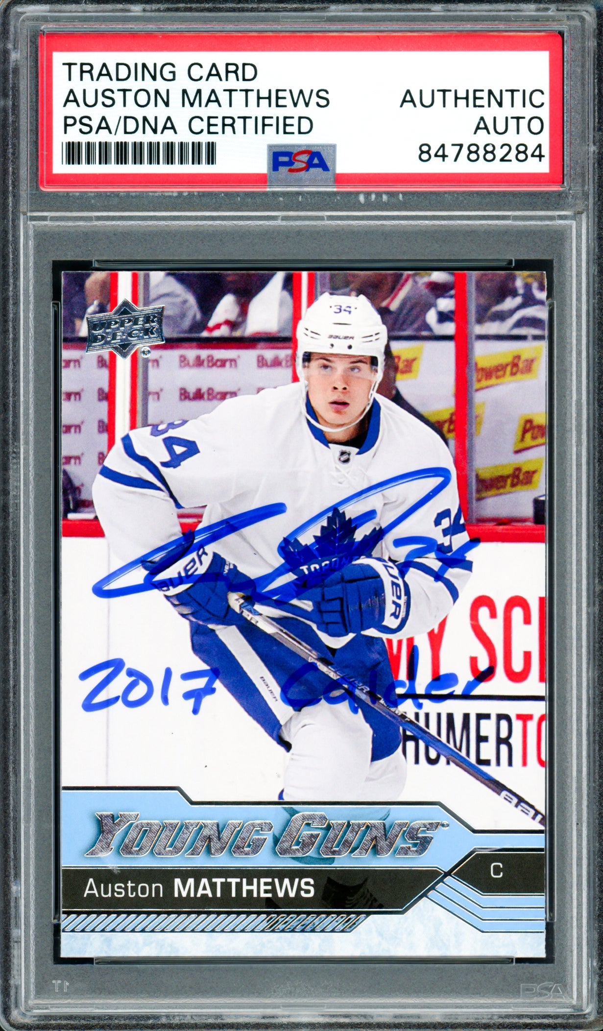Auston Matthews Autographed 2016 Upper Deck UD Young Guns Rookie Card #201 Toronto Maple Leafs Auto Grade Gem Mint 10 "2017 Calder" PSA/DNA #84788284