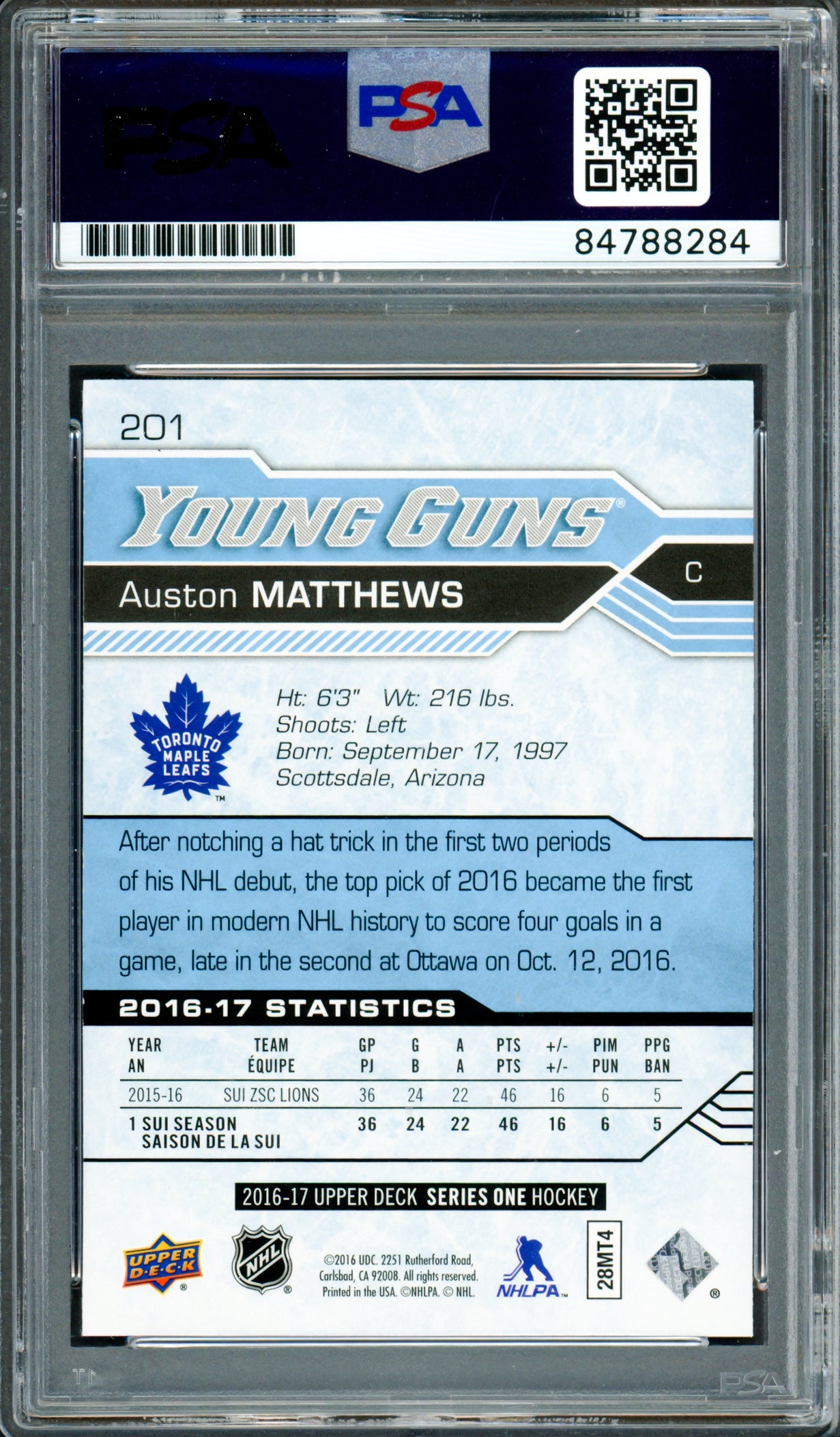 Auston Matthews Autographed 2016 Upper Deck UD Young Guns Rookie Card #201 Toronto Maple Leafs Auto Grade Gem Mint 10 "2017 Calder" PSA/DNA #84788284