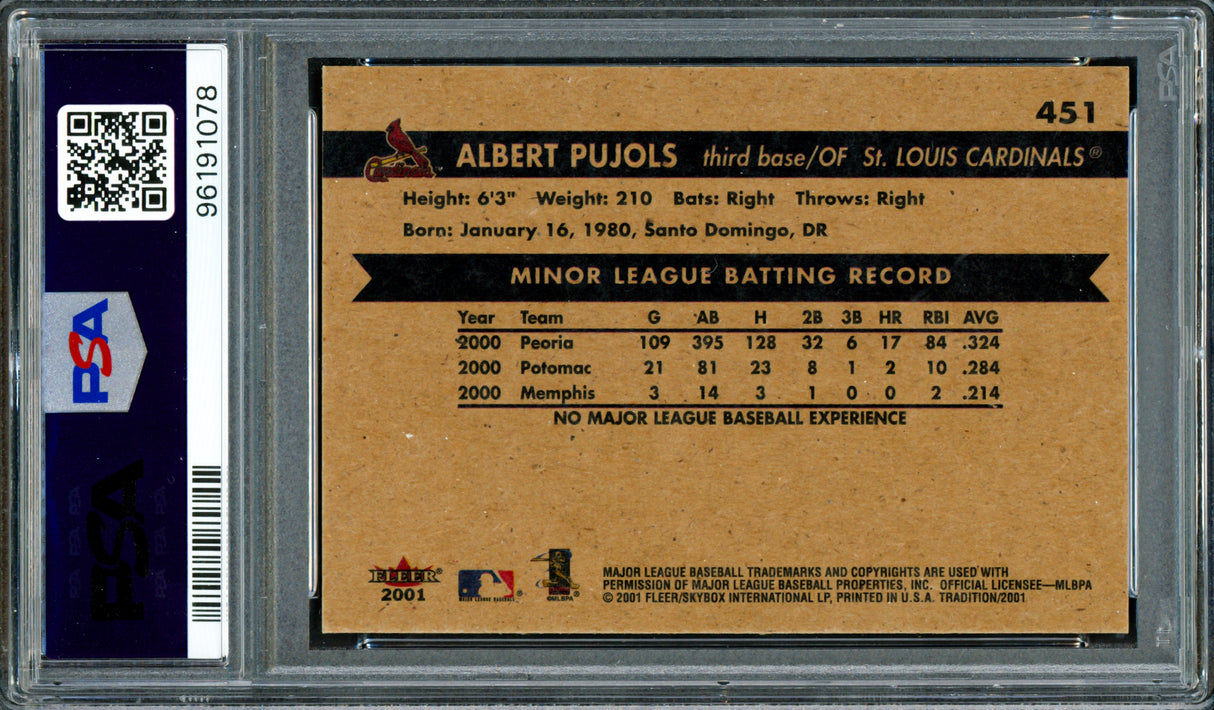 Albert Pujols Autographed 2001 Fleer Rookie Card #451 St. Louis Cardinals PSA 9 Auto Grade Gem Mint 10 PSA/DNA #96191078