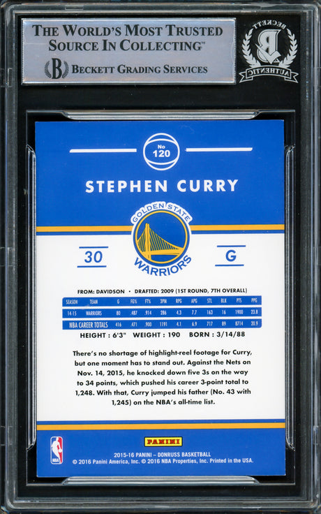 Stephen Curry Autographed 2015-16 Donruss Card #120 Golden State Warriors Beckett BAS Stock #216839