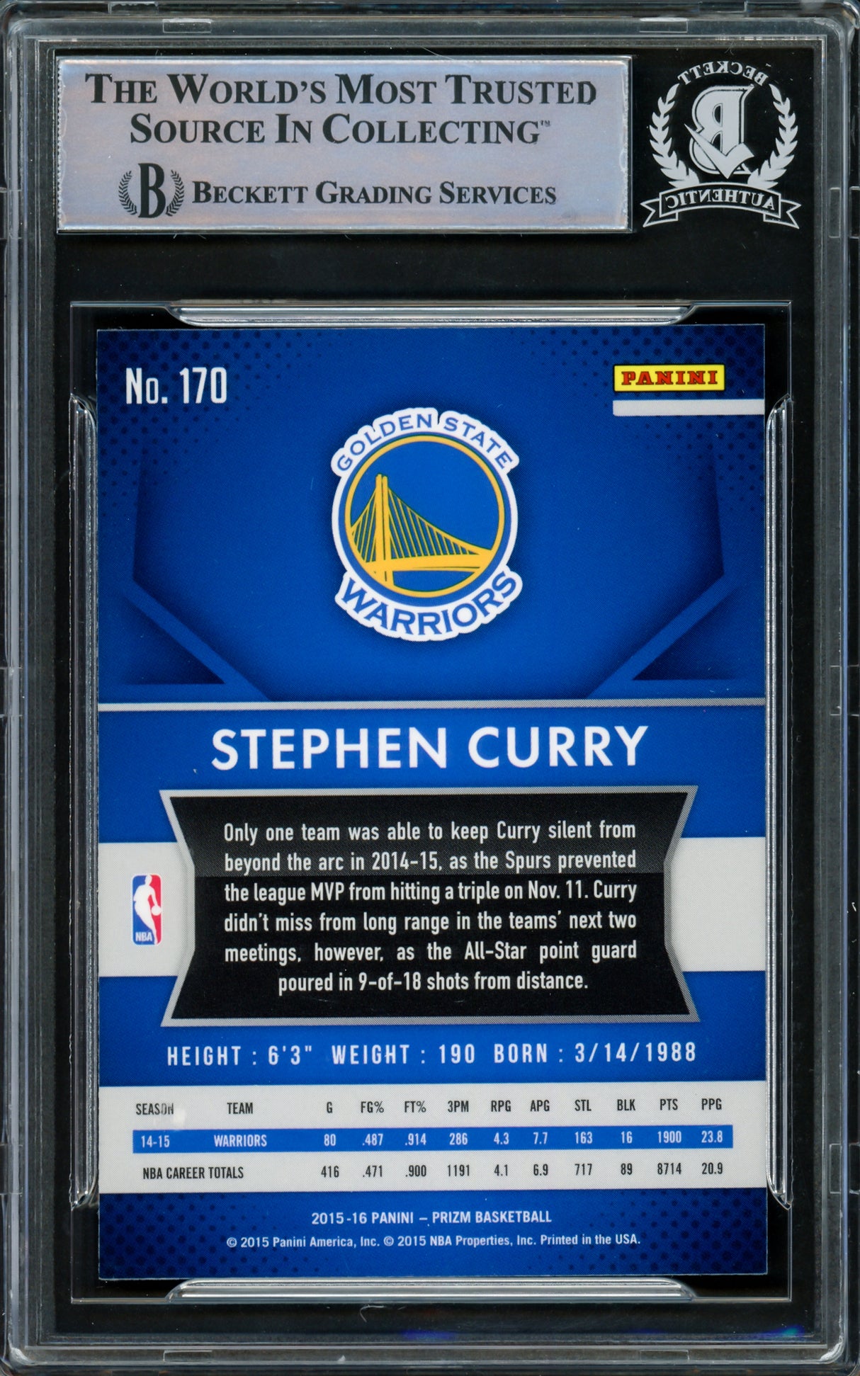 Stephen Curry Autographed 2015-16 Panini Prizm Card #170 Golden State Warriors Beckett BAS Stock #216840