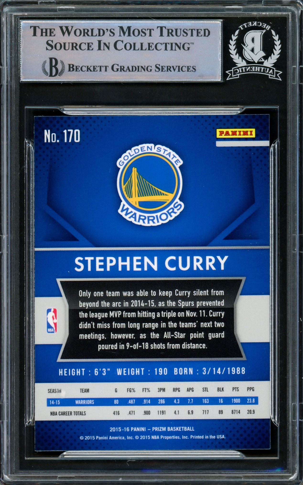 Stephen Curry Autographed 2015-16 Panini Prizm Card #170 Golden State Warriors Beckett BAS Stock #216840
