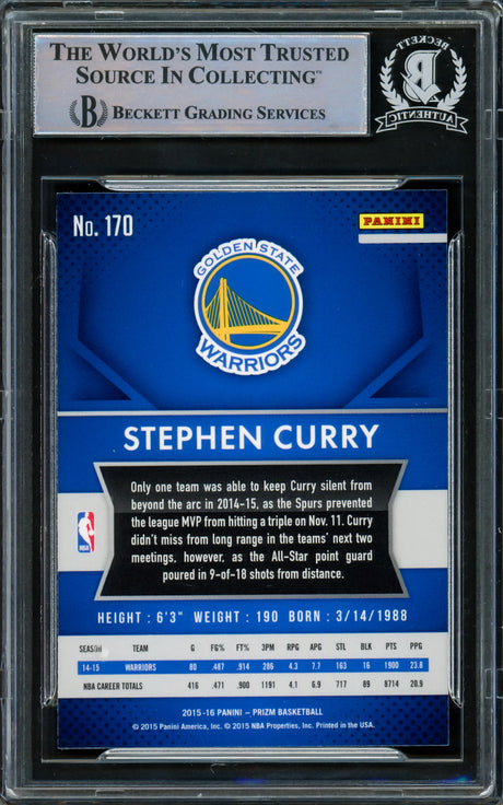 Stephen Curry Autographed 2015-16 Panini Prizm Card #170 Golden State Warriors Beckett BAS Stock #216840