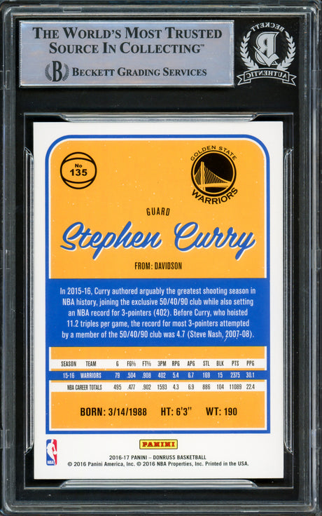 Stephen Curry Autographed 2016-17 Donruss Card #135 Golden State Warriors Beckett BAS Stock #216841