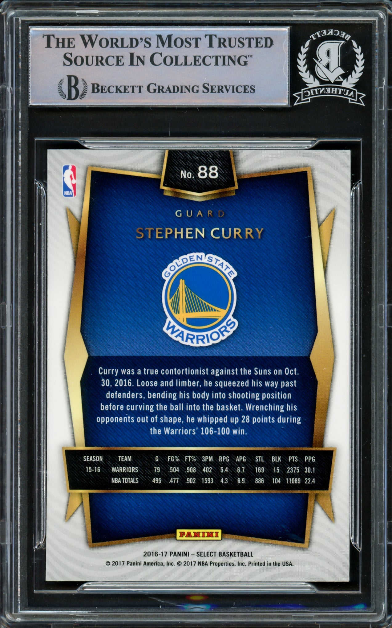 Stephen Curry Autographed 2016-17 Panini Select Card #88 Golden State Warriors Beckett BAS Stock #216842